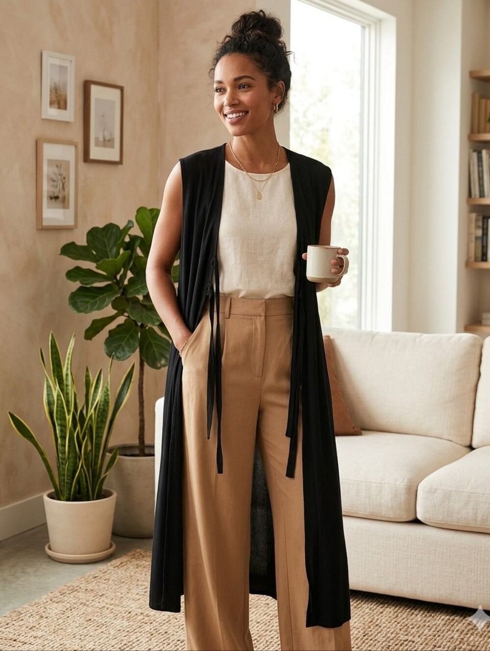 ​VTG Moda International Black Longline Sleeveless Duster Vest Tie Front M